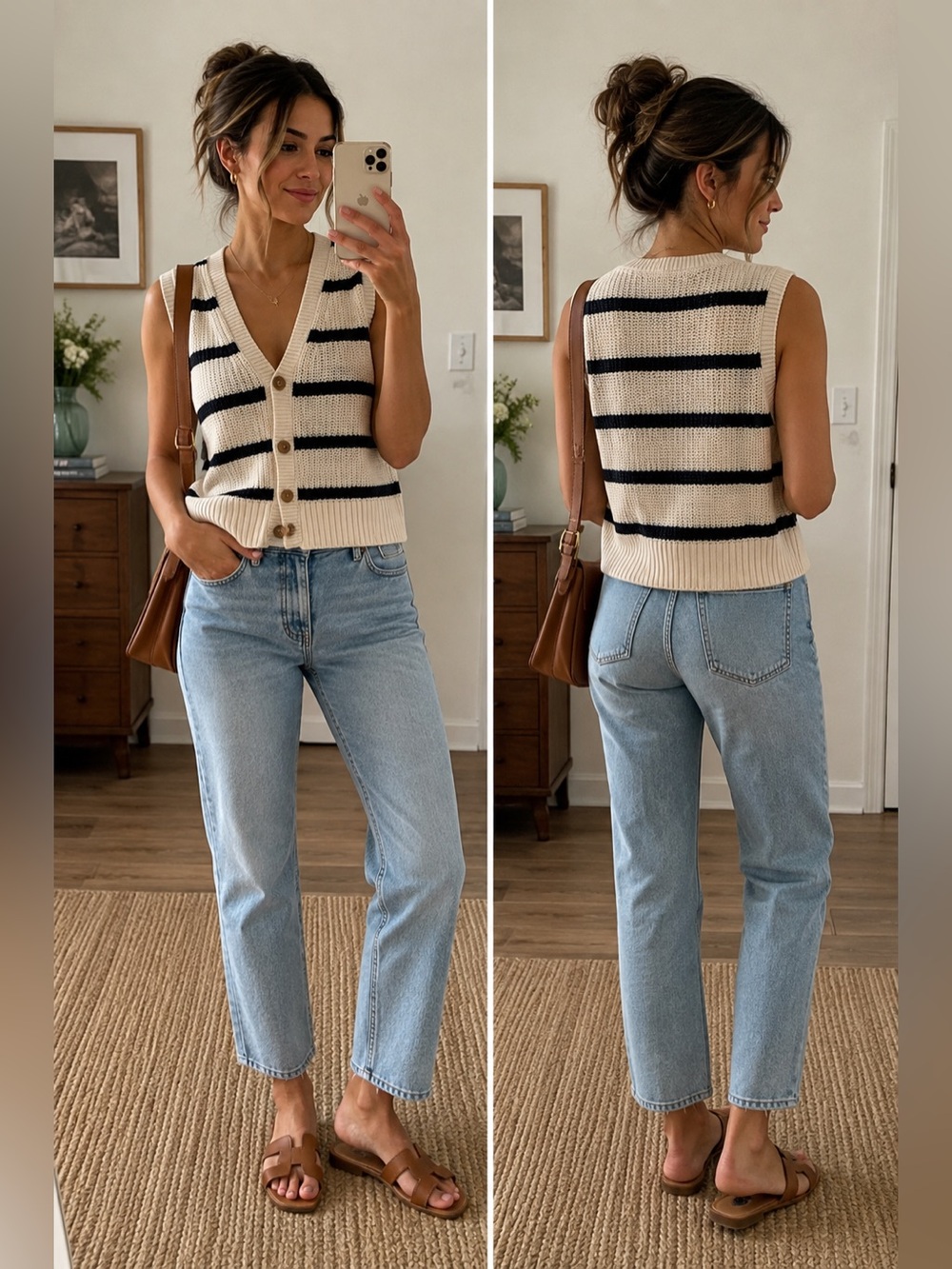 Lucky Brand Cream and Navy Striped Knit Button Front Vest Medium NWT